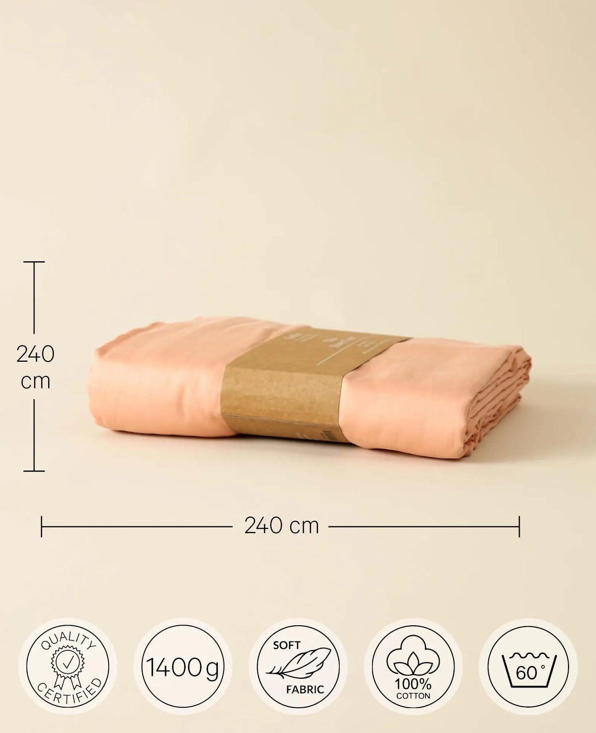 "Thia Soft Peach" Bettbezug / Duvetbezug aus Pfirsichfarben / Altrosa Bio Baumwoll-Satin, 240 x 240 cm