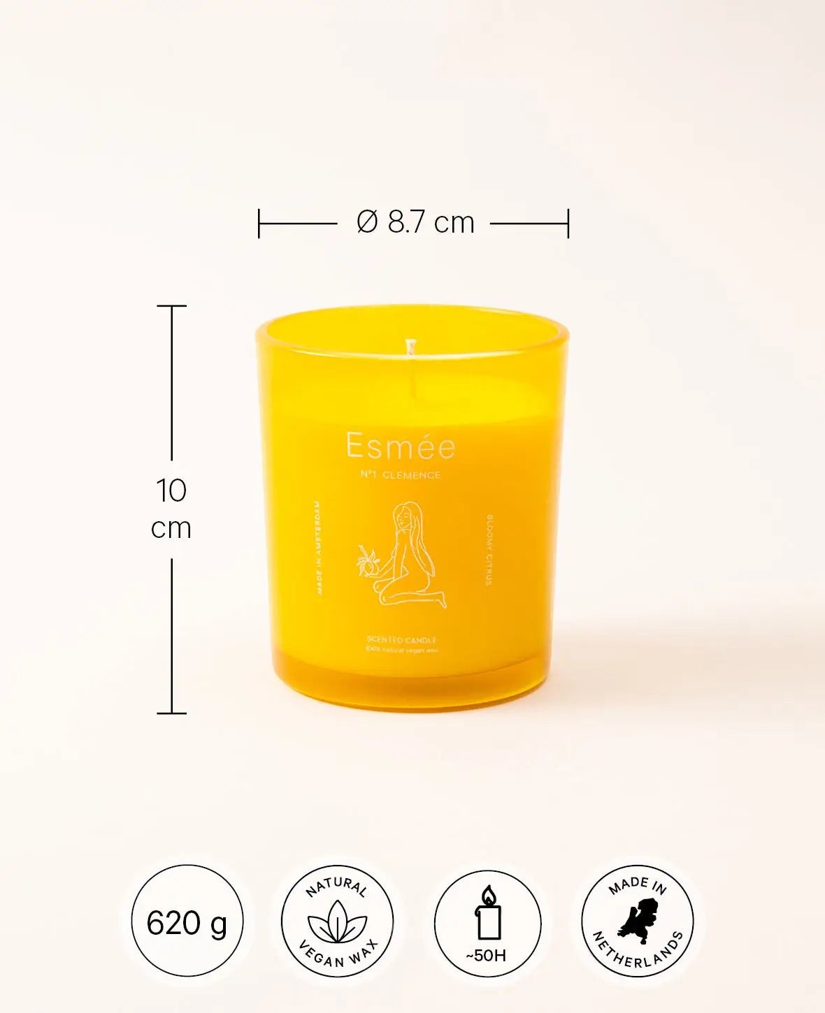 Esmée Premium Scents - N°1 Clémence, Duftkerze mit Duftnote "Bloomy Citrus", 280 g, Gelb