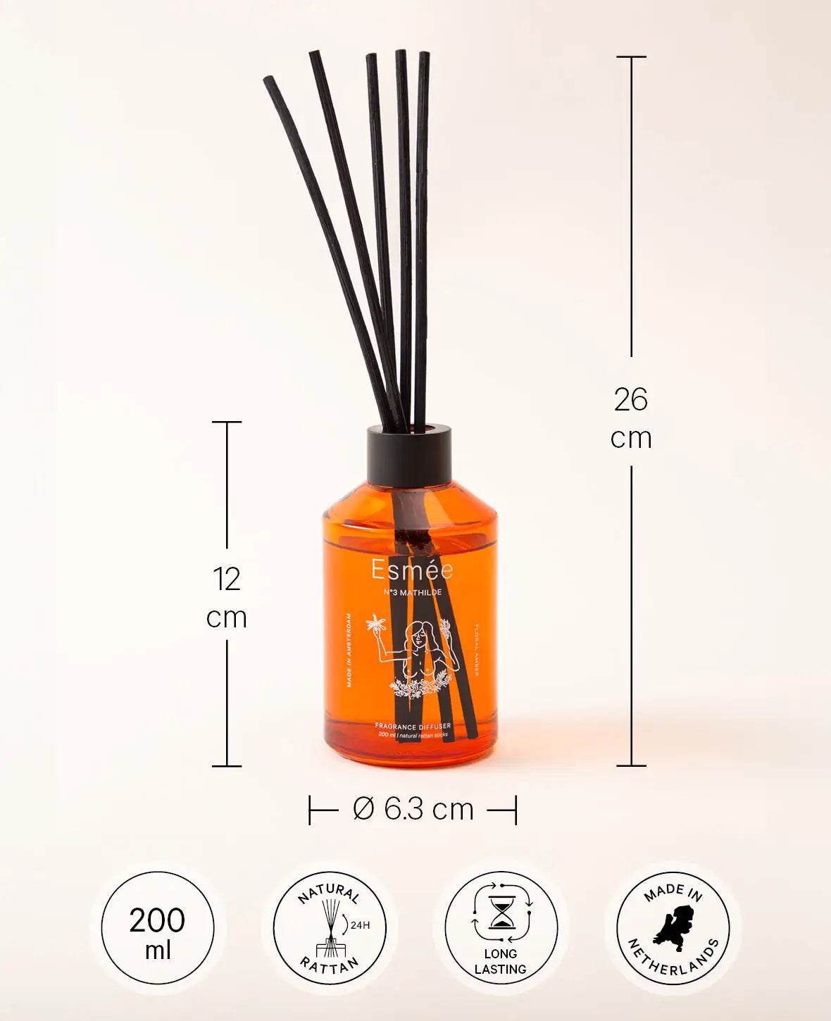 Esmée Premium Scents - N°3 Mathilde, Diffusor mit Duftnote "Floral Amber", 200 ml, Orange