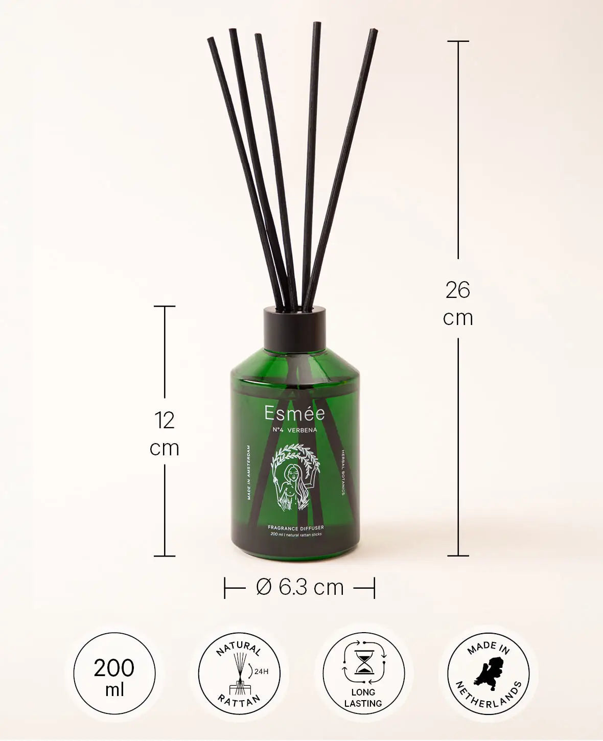 Esmée Premium Scents - N°4 Verbena, Diffusor mit Duftnote "Herbal Botanics", 200 ml, Grün