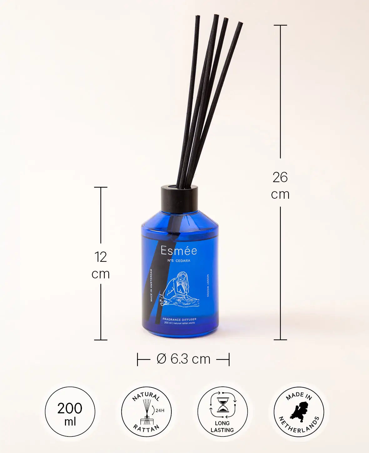 Esmée Premium Scents - N°5 Cedara, Diffusor mit Duftnote "Mossy Woods", 200 ml, Blau
