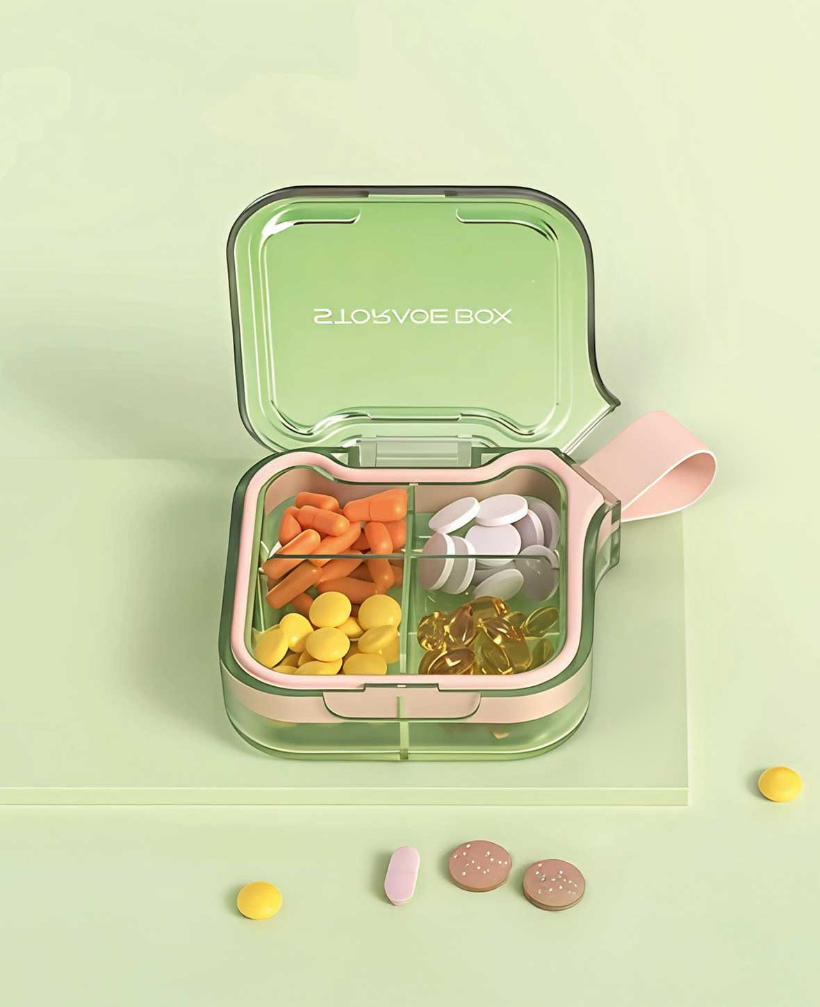 Medibox mit 4 Fächern, grün-rosa