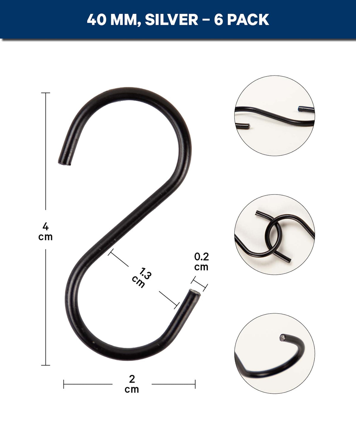 S-Haken aus Metall zum Aufhängen, Schwarz, 4 x 2 cm, 6 Stk.