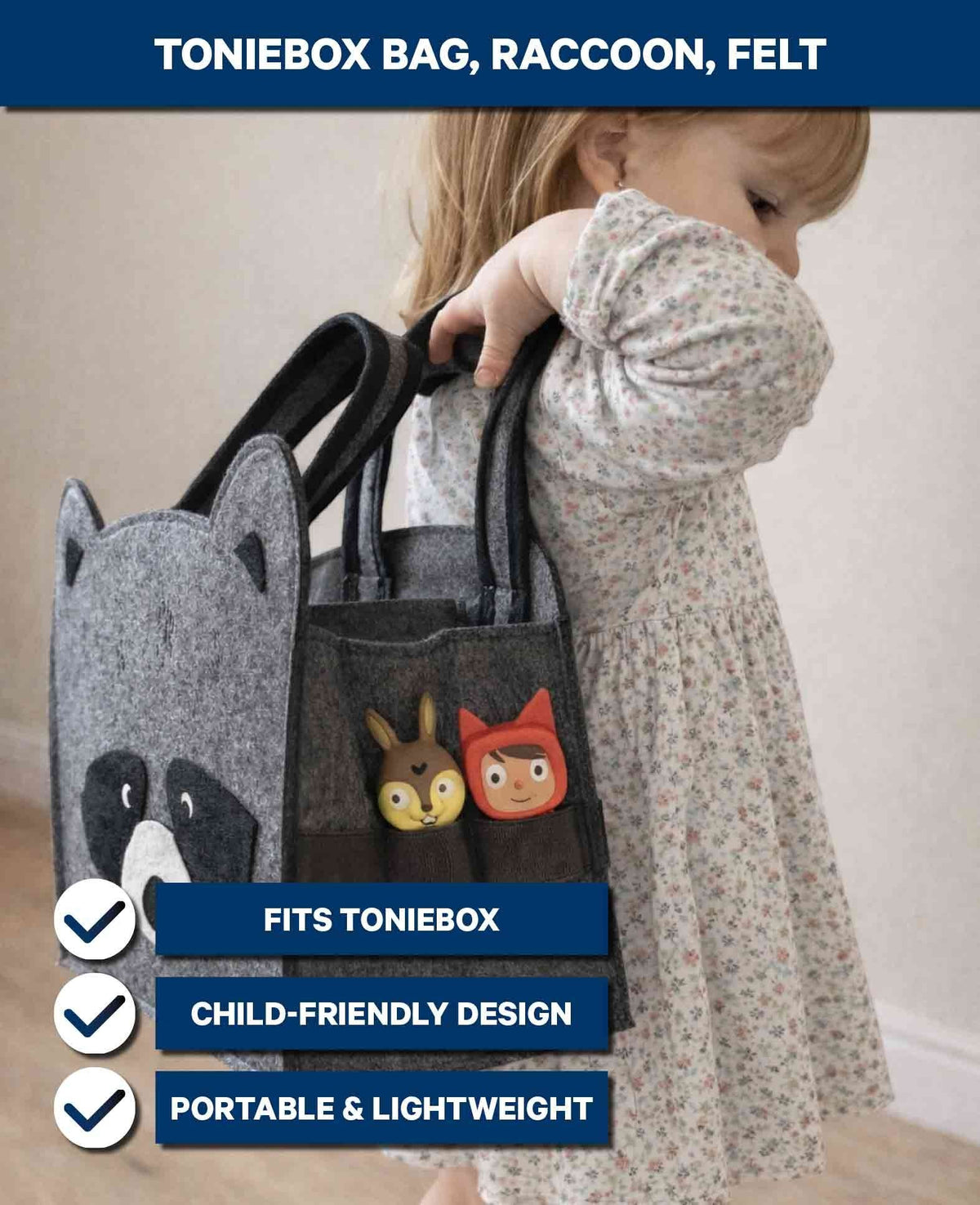 Tonieboxtasche Waschbär aus Filz, Grau