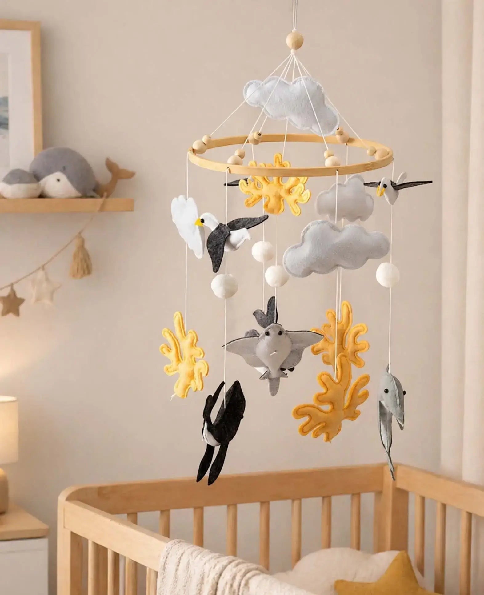 Baby Mobile Meerestiere, Holz/Filz, natur, Ø24 cm