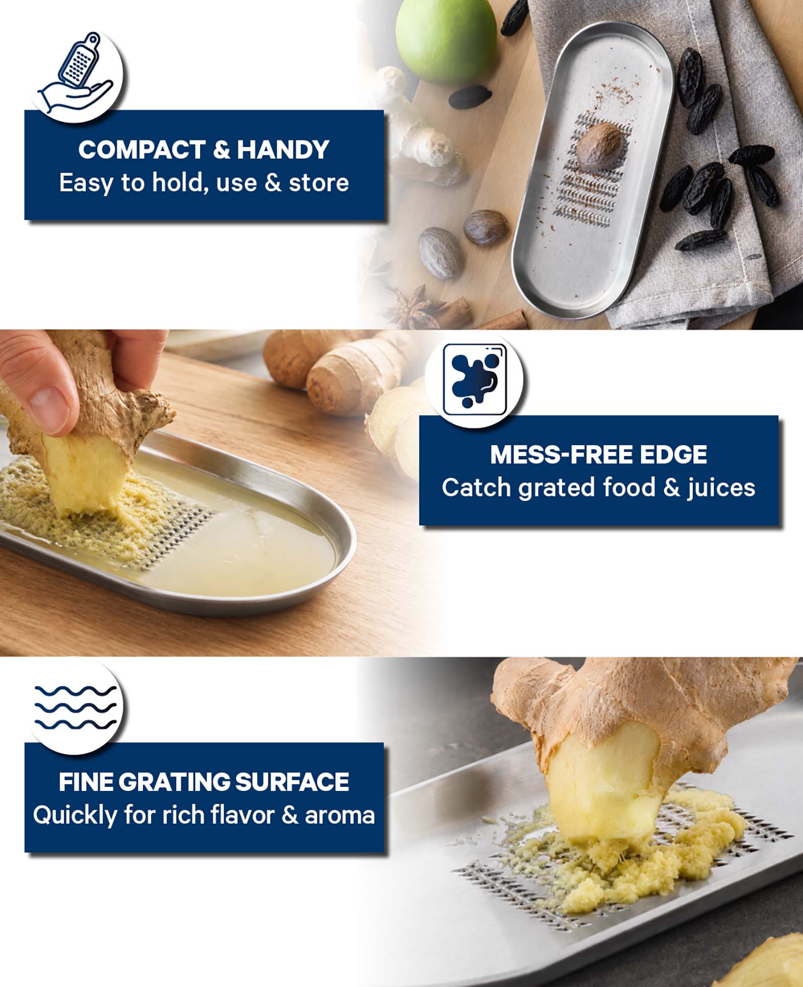 Reibe für Ingwer, Knoblauch, Muskat und Gewürze, Edelstahl