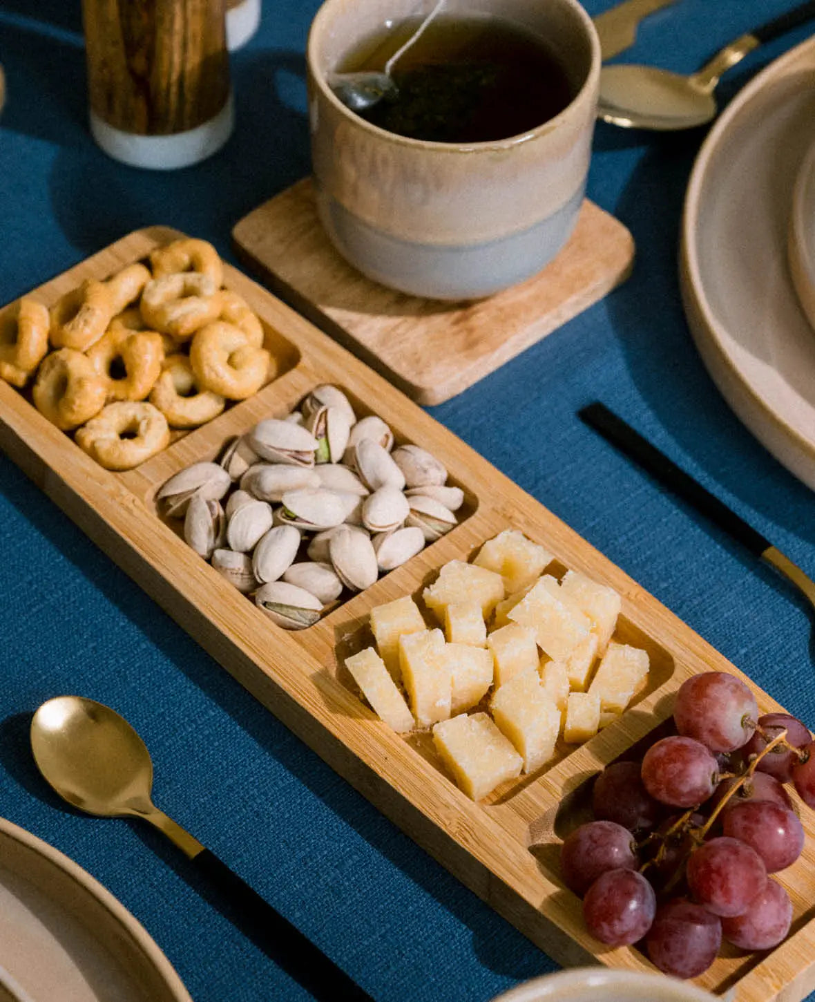 Bamboo snack/tapas serving tray with 4 compartments