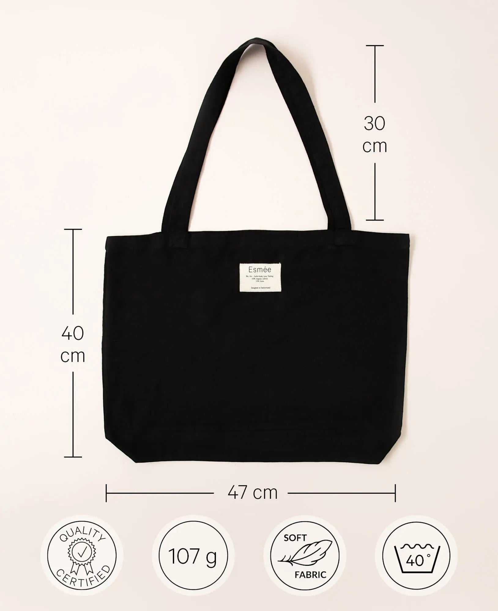 Totebag "Lora" aus schwarzem Baumwoll-Leinenmix, 47 cm x 40 cm