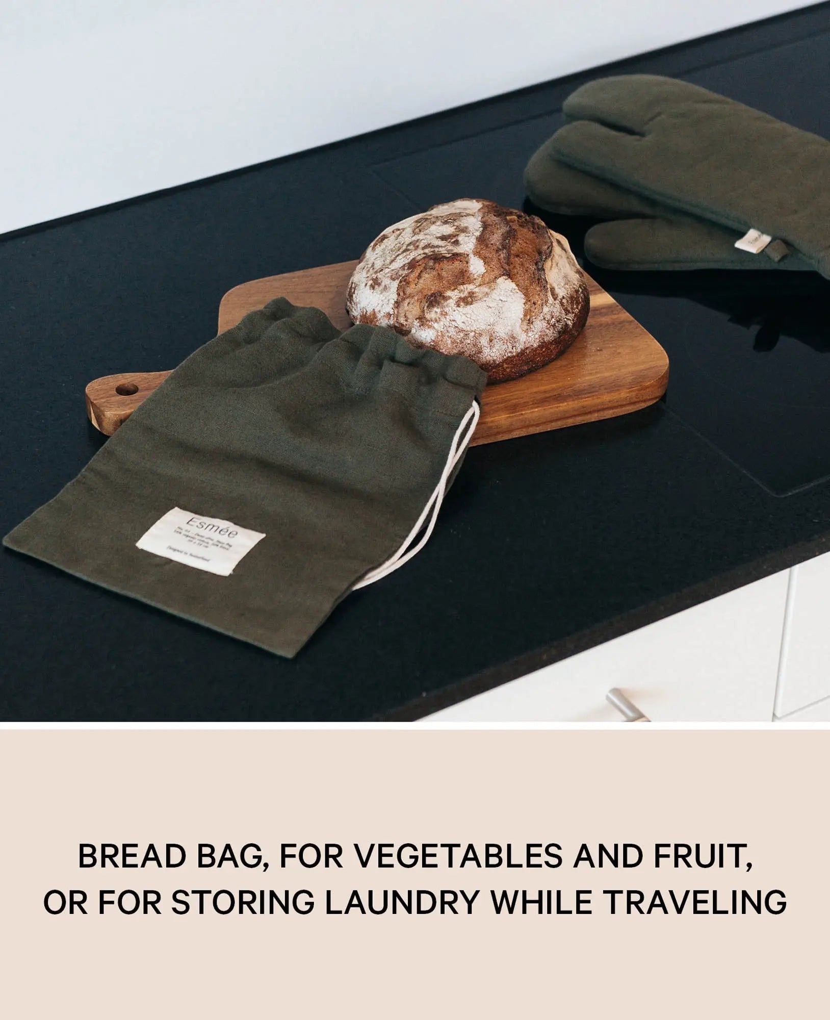 Beutel / Tasche "Nura" aus olivgrünem Baumwoll-Leinenmix mit Zugbändern, 20 cm x 28 cm, als Bread Bag, als Brotsack, Gemüsetasche oder für Wäsche und Schuhe beim Reisen