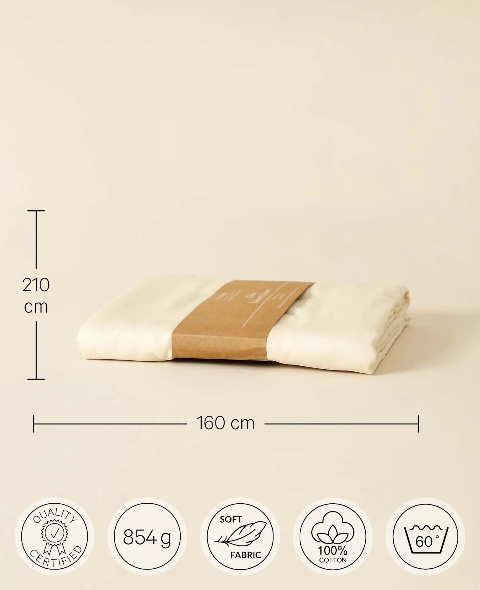 "Thia Oatmeal" Bettbezug / Duvetbezug aus Cremefarbenem Bio Baumwoll-Satin, 160 x 210 cm