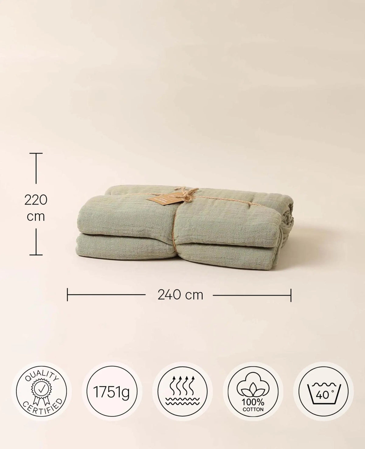Tagesdecke aus olivenfarbenem Bio Baumwoll Musselin, 220 x 240 cm