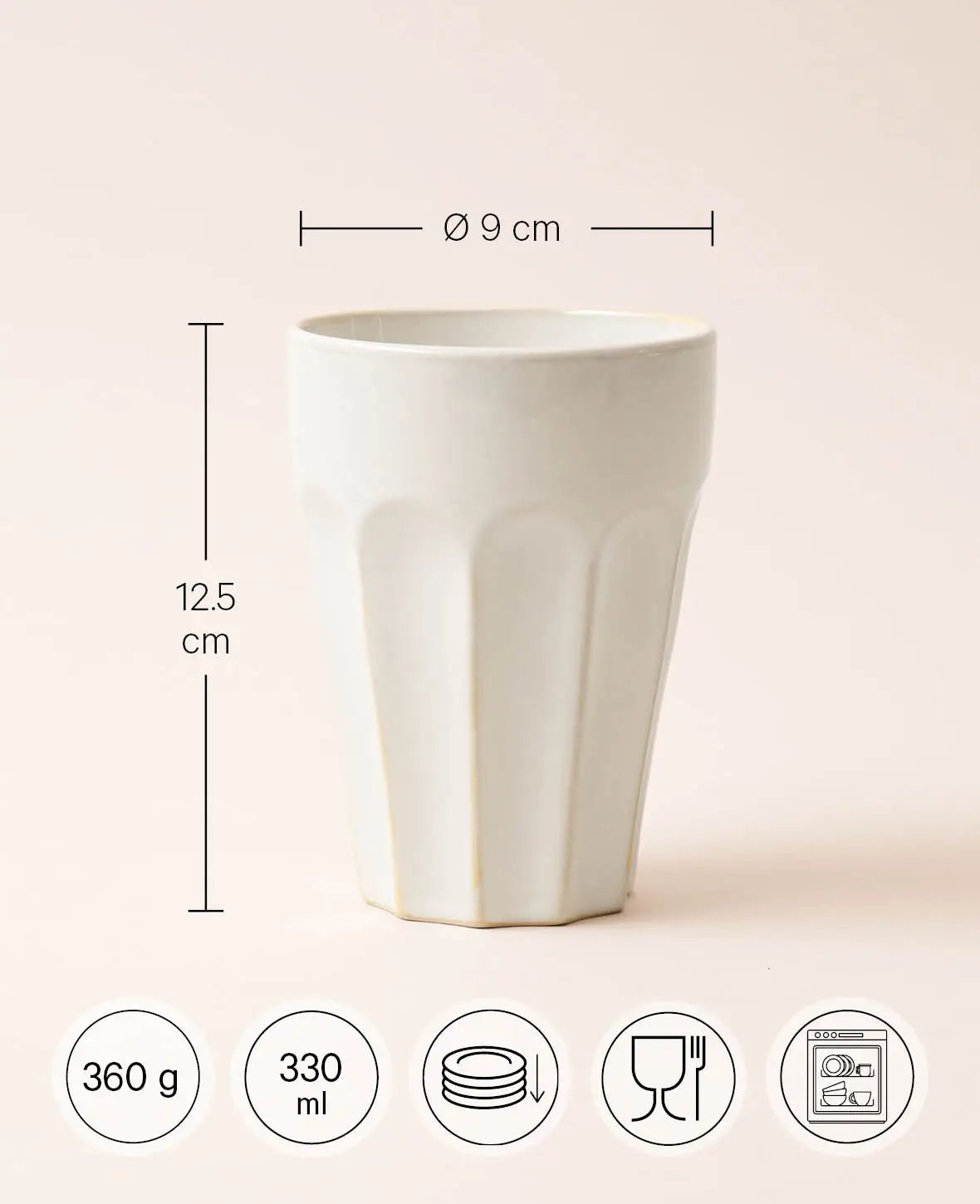 Handglasierte Tasse aus Steingut / Macchiatotasse in off-weiss, 330 ml, H 12.5 cm x Ø 9 cm