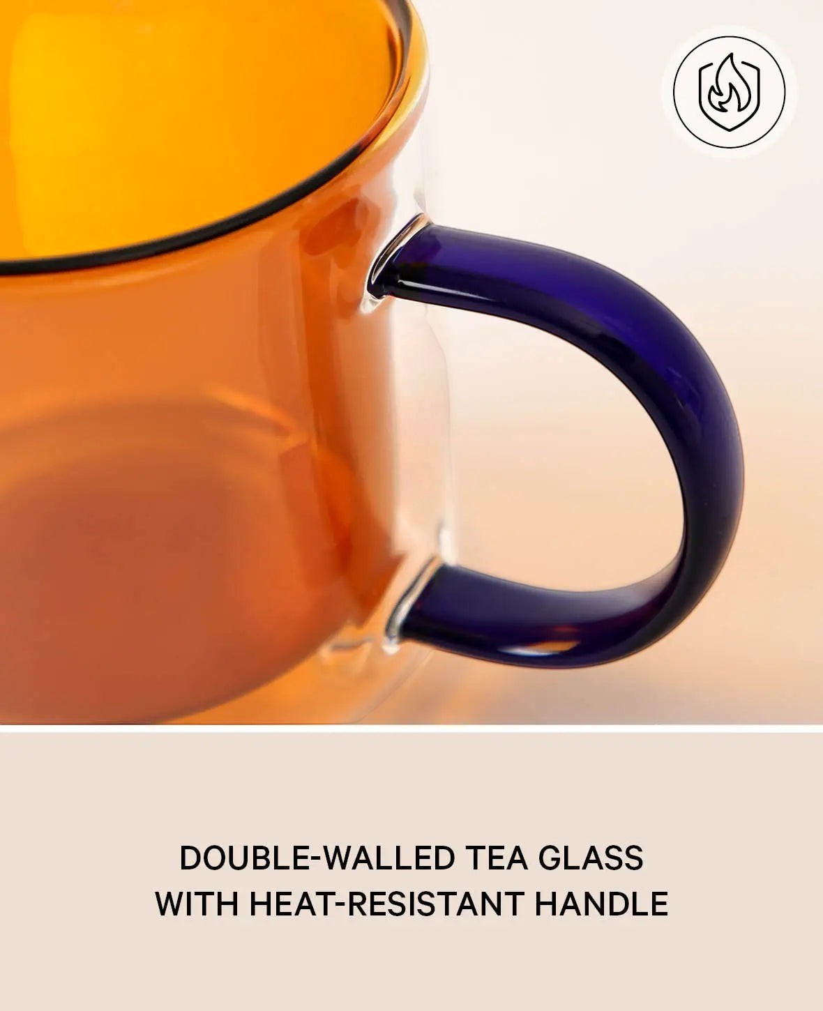 Doppelwandiges Teeglas / Tasse "Lenn", mit blauem Griff, in bernsteinfarben/amber, 250ml