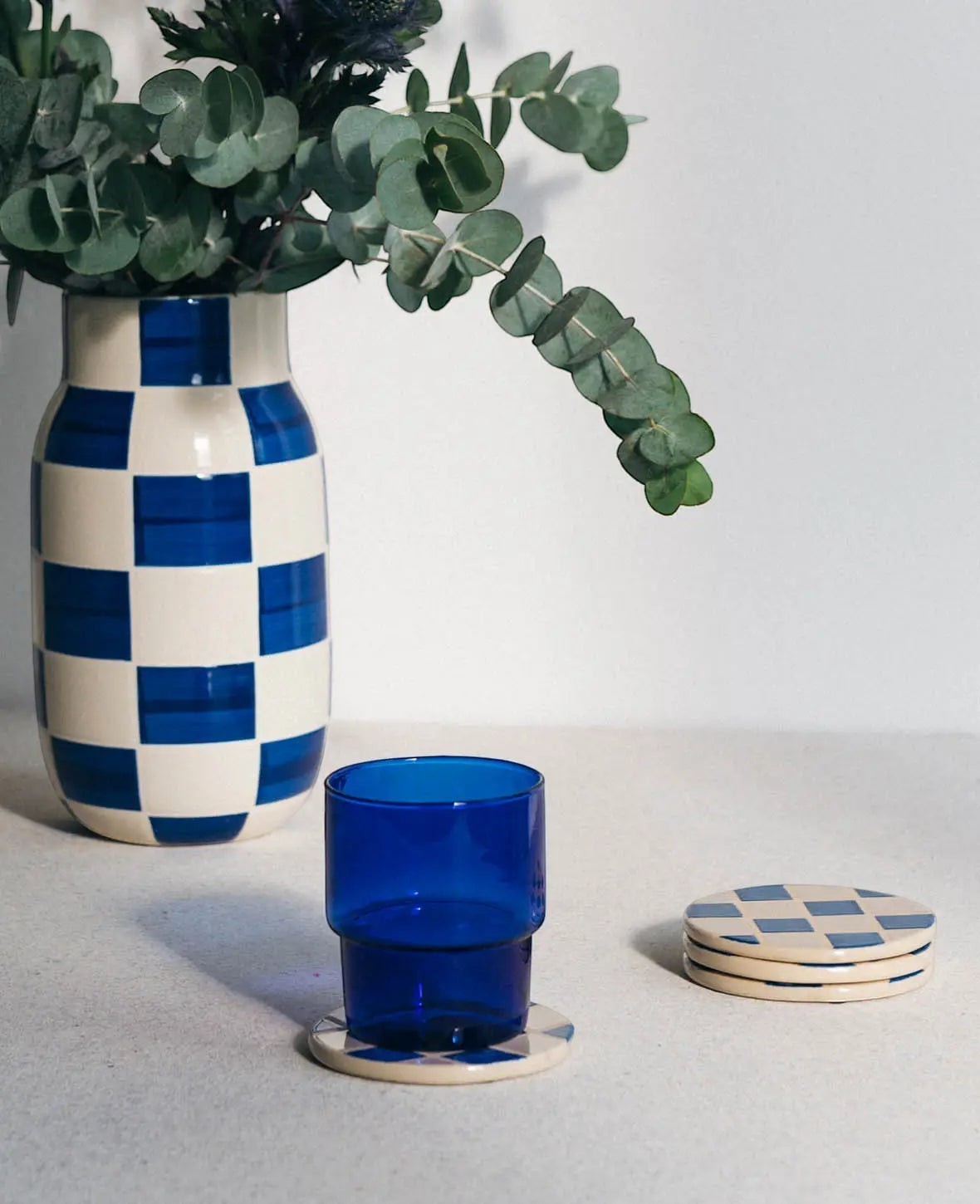 4er Set Keramikuntersetzer, blau-weiss kariert, Ø 9.5 cm