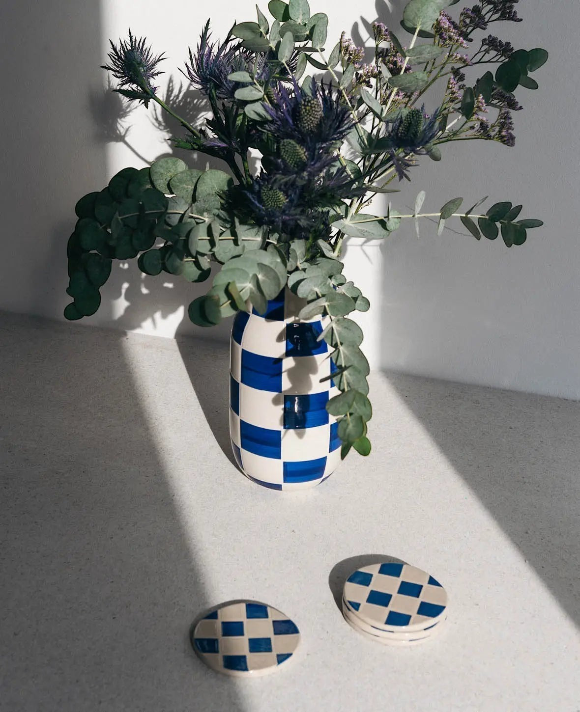 4er Set Keramikuntersetzer, blau-weiss kariert, Ø 9.5 cm
