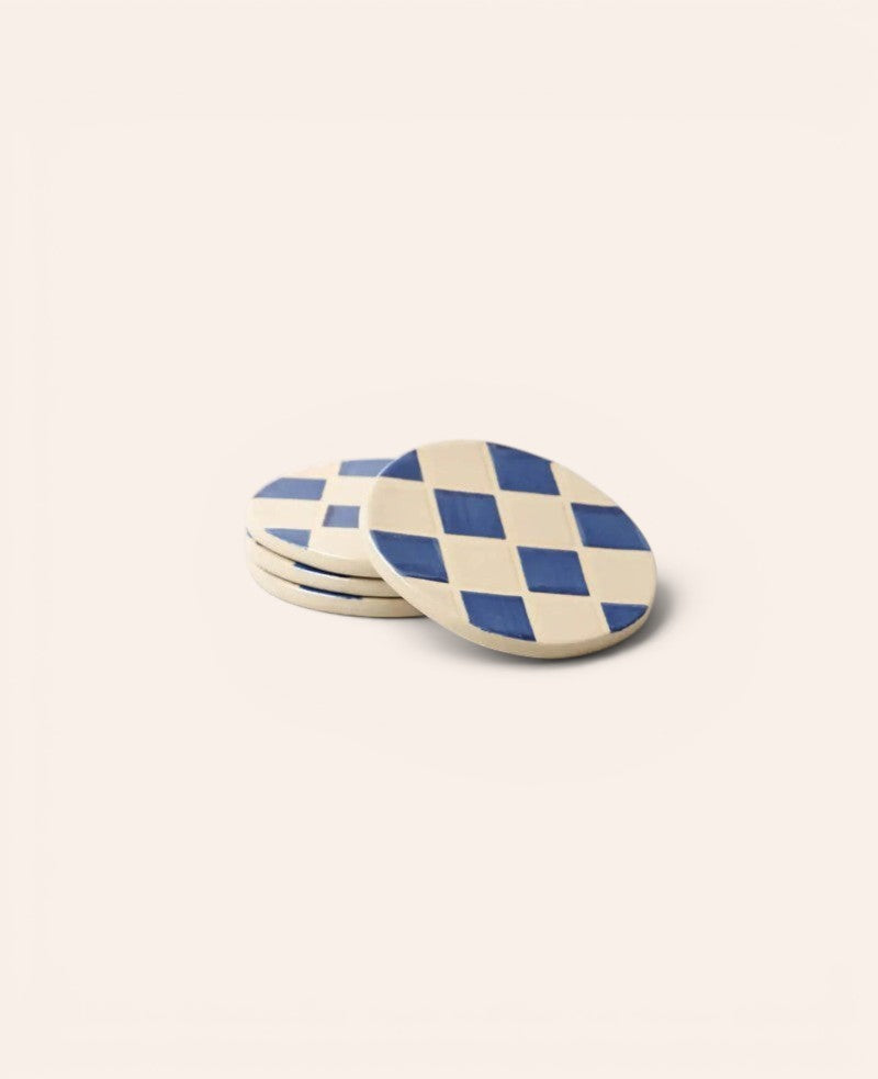 4er Set Keramikuntersetzer, blau-weiss kariert, Ø 9.5 cm