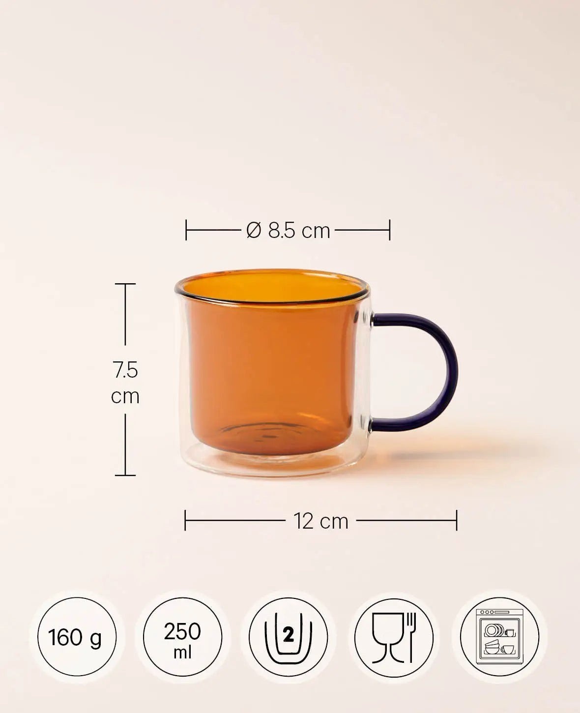 Doppelwandiges Teeglas / Tasse "Lenn", mit blauem Griff, in bernsteinfarben/amber, 250ml