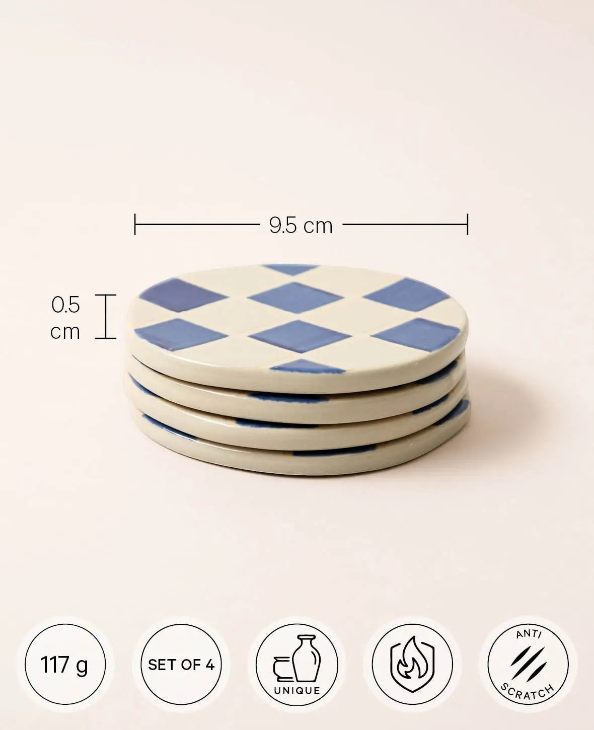 4er Set Keramikuntersetzer, blau-weiss kariert, Ø 9.5 cm