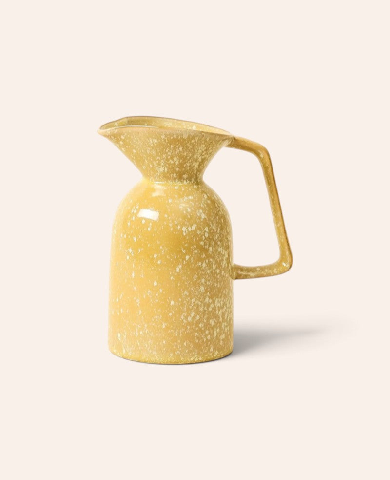 Gelber Keramik Krug / Kanne mit Griff und weissen Glasurmuster, Ø 10.5 cm x H 19 cm, 1 L