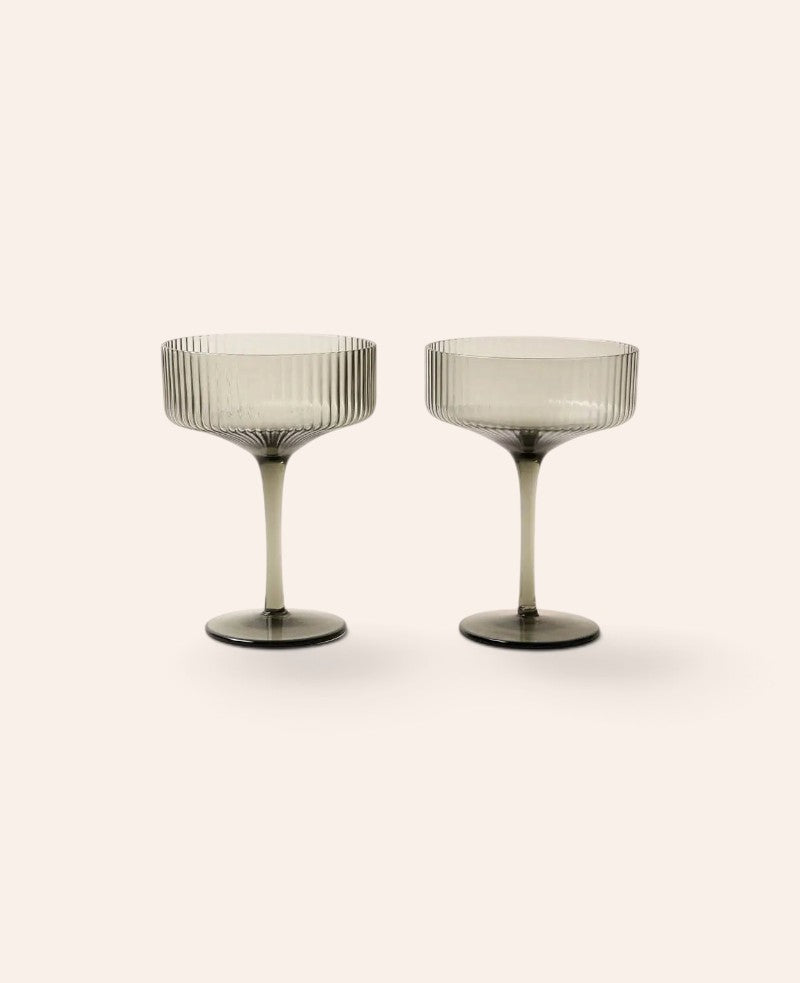 2er Set Champagner / Martini Gläser "Oskar", aus grauem Glas mit Rillenstruktur, Ø 10 cm, 270 ml
