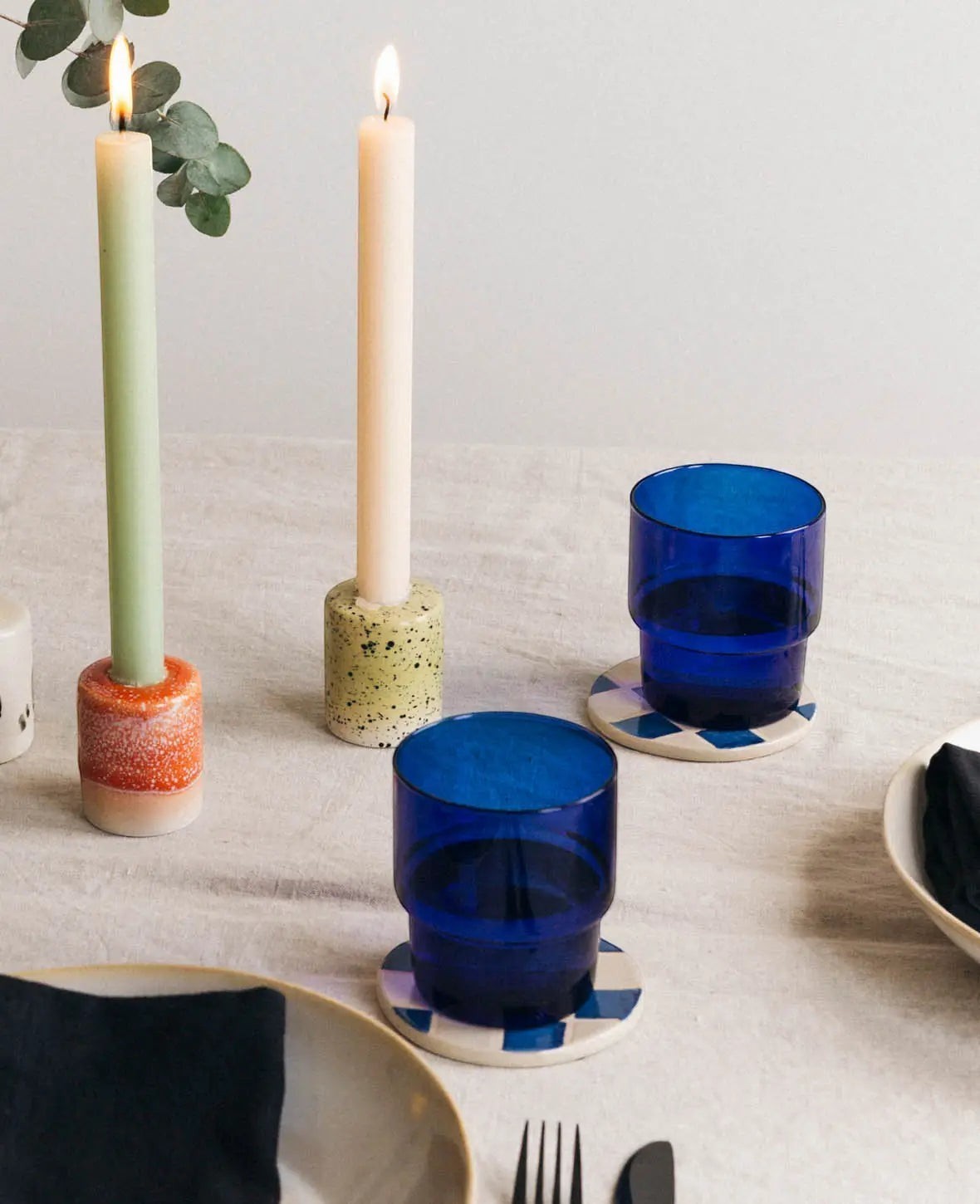 4er Set Keramikuntersetzer, blau-weiss kariert, Ø 9.5 cm