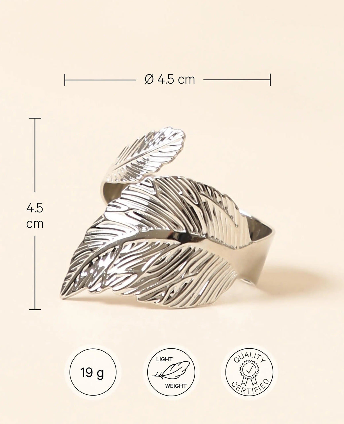 Eleganter Serviettenring in Feder / Blattform aus Metall für Stoffservietten, Ø 4.5 cm Silber