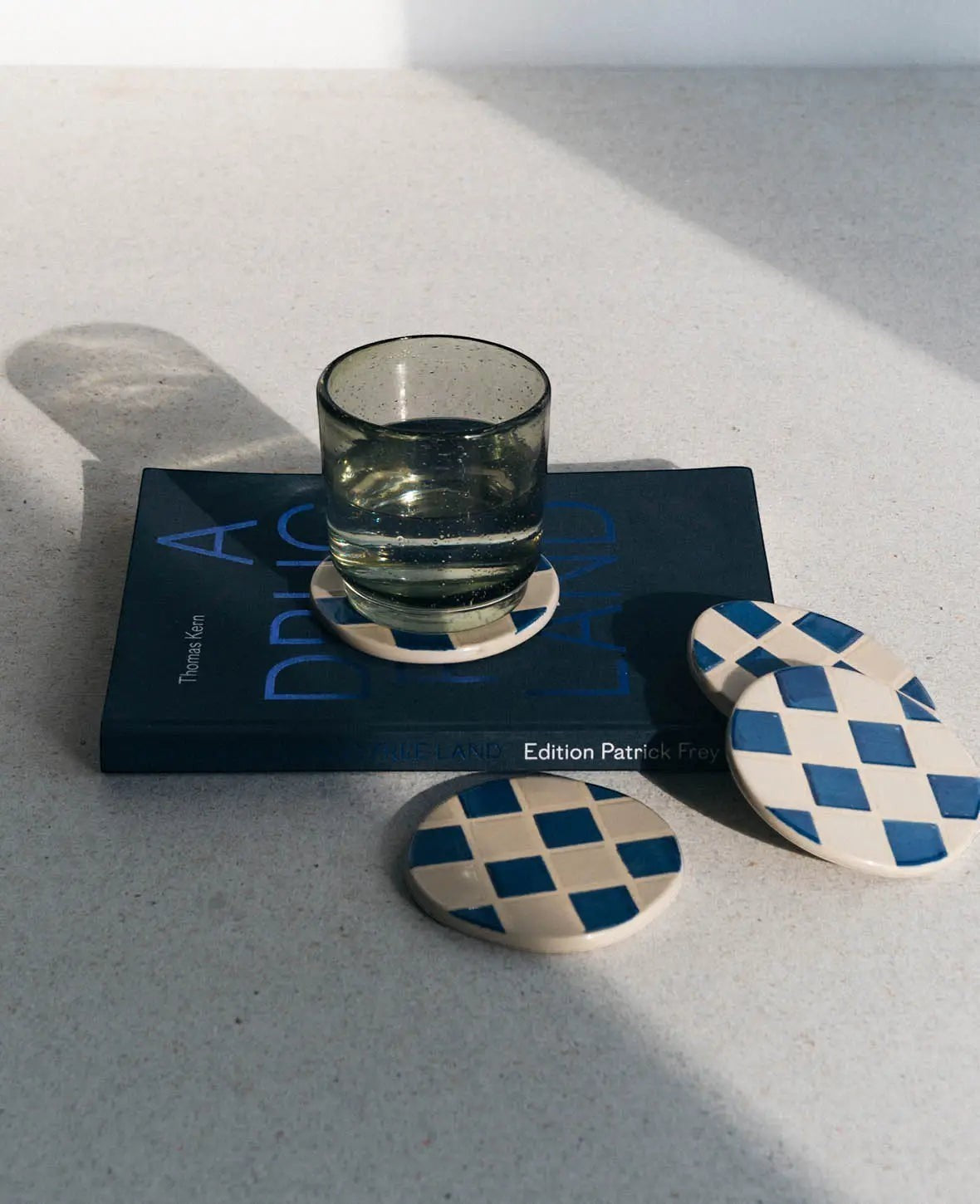 4er Set Keramikuntersetzer, blau-weiss kariert, Ø 9.5 cm
