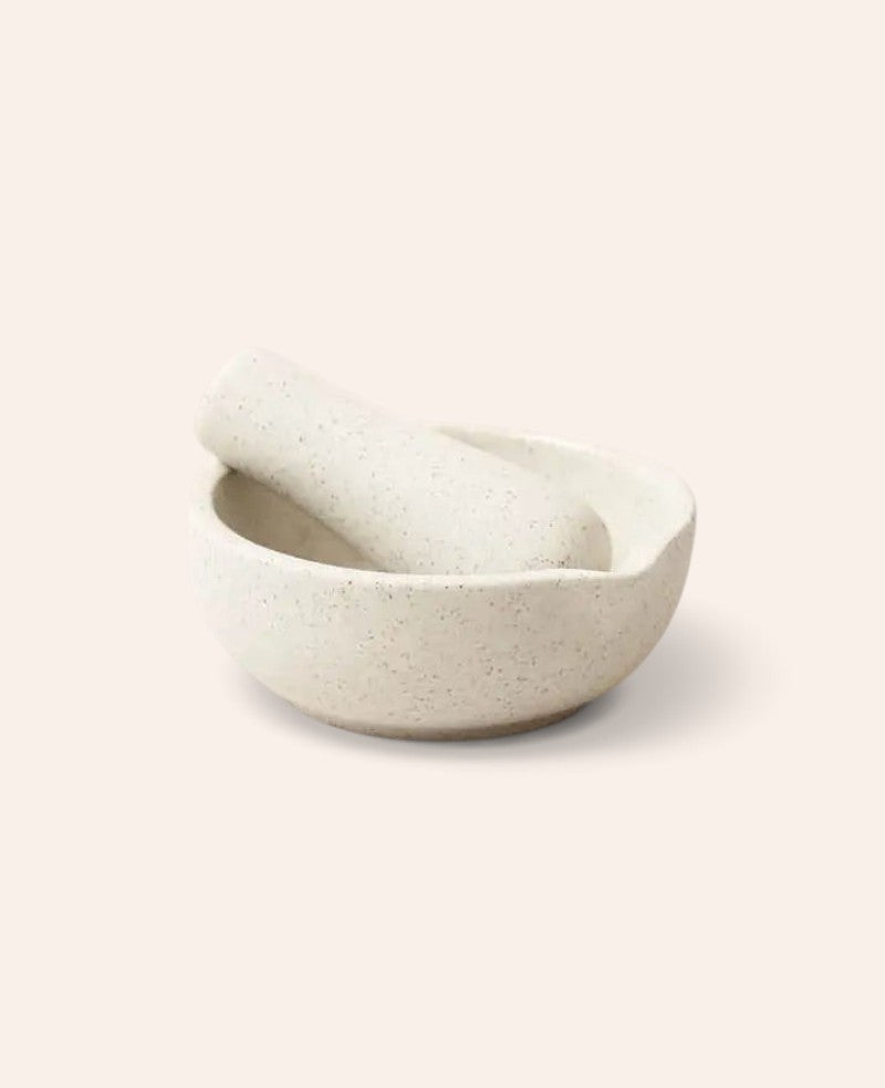 Keramik Mörser, beige mit schwarzen Sprenkeln und glasierter Innenseite, Ø 10 cm