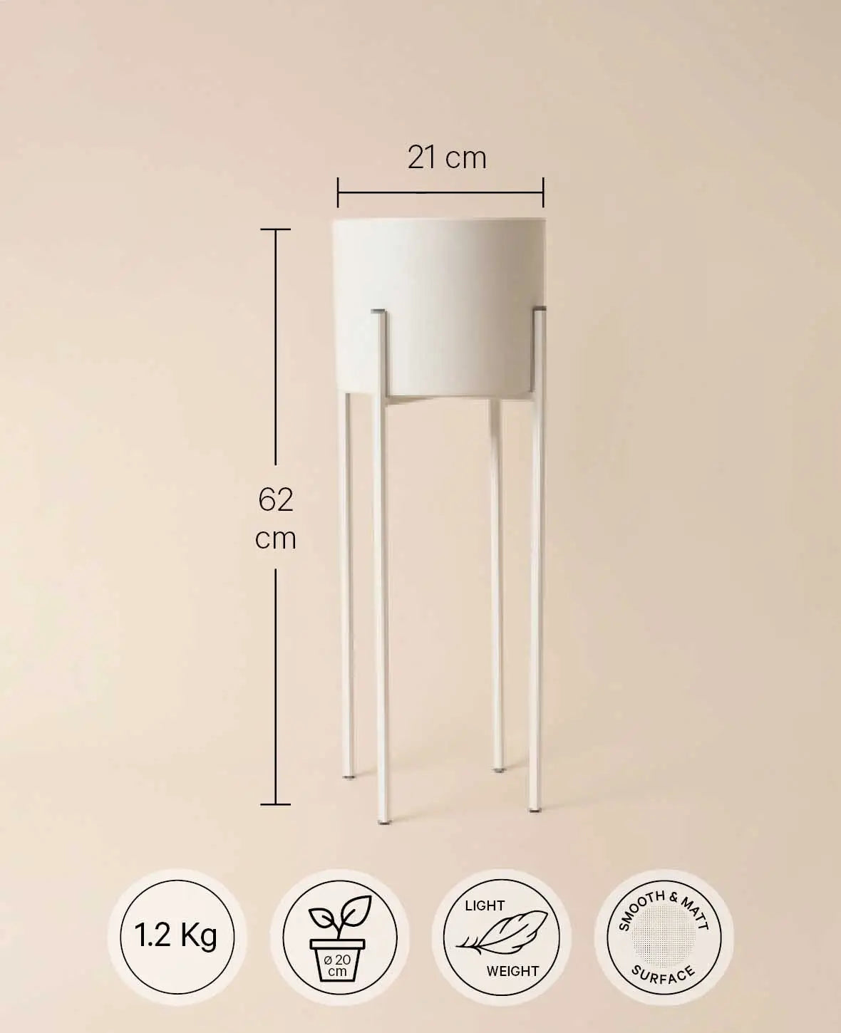 Stehtopf / Blumentopf mit Beinen aus Metall, matt weiss, 62 cm