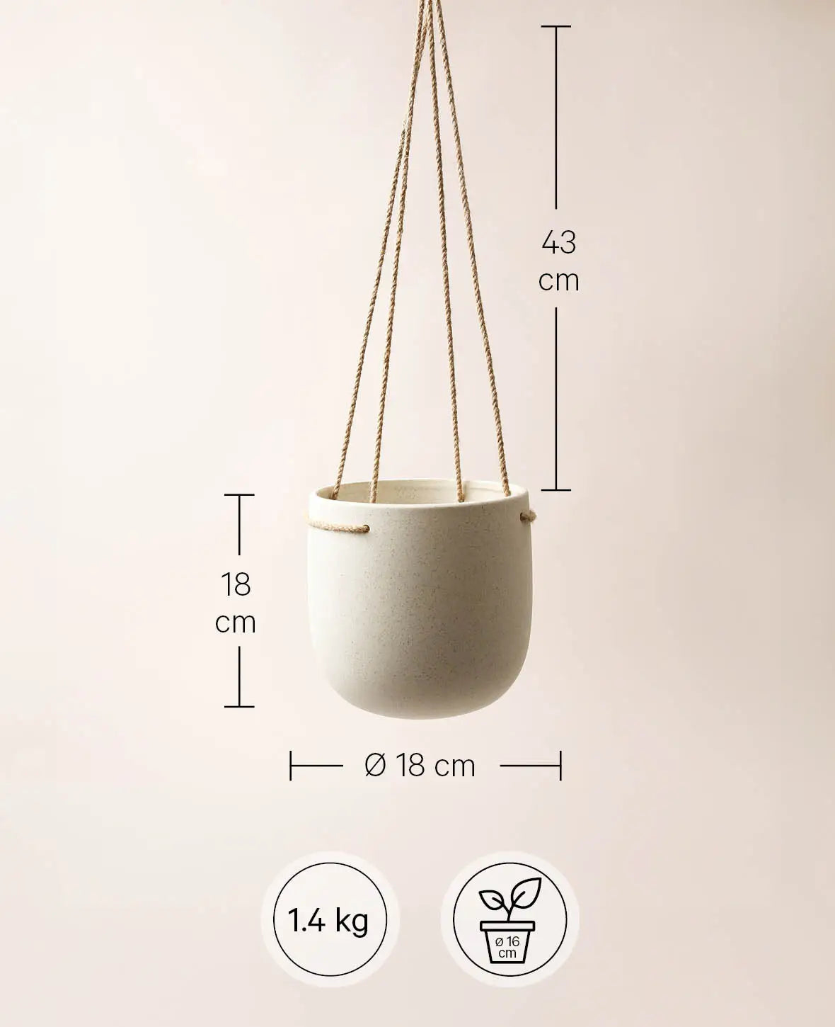 Keramik Hängetopf / Hängender Blumentopf mit rauher Struktur, Beige mit Sprenkel, Ø 18 cm