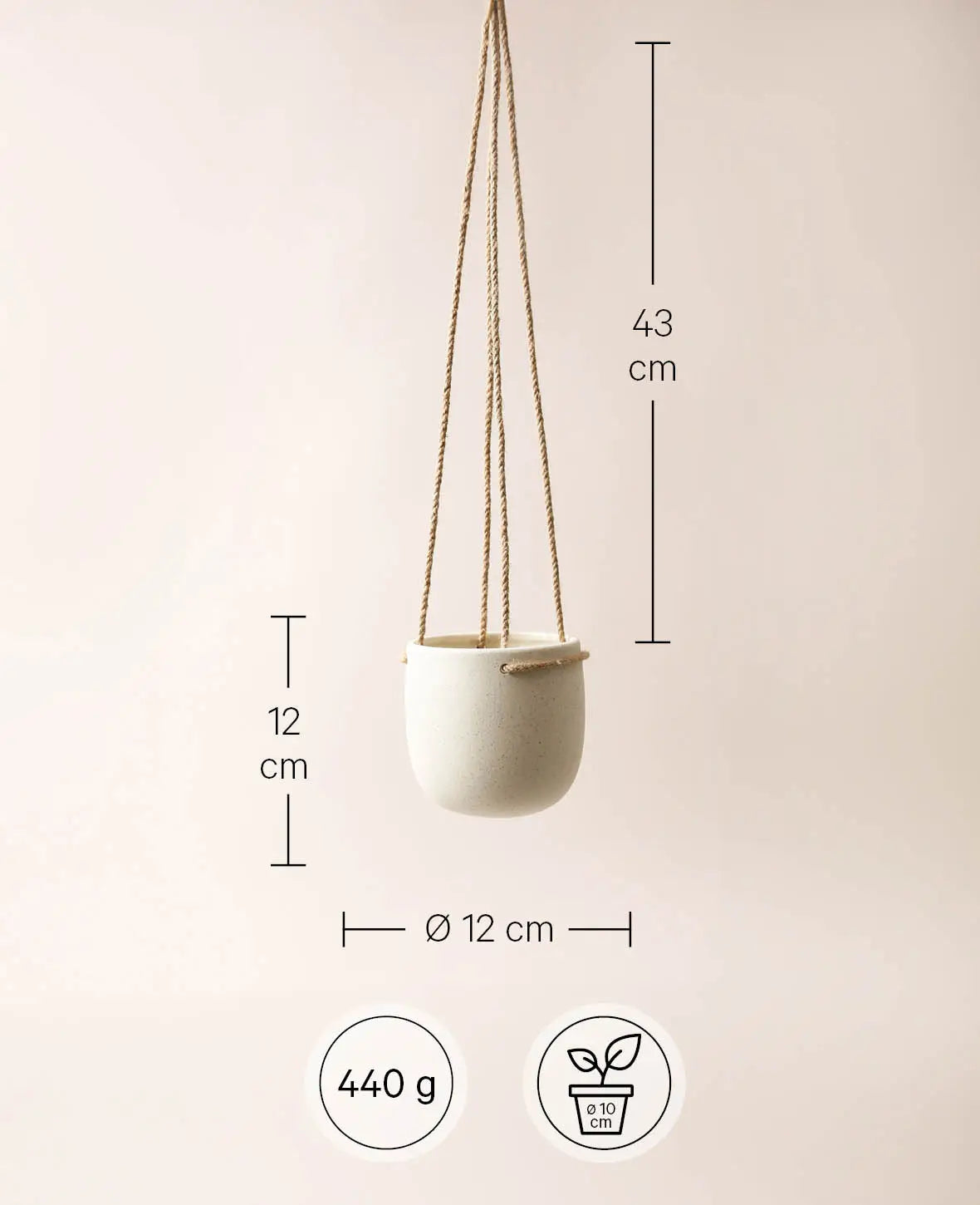 Hängetopf / Hängender Blumentopf aus Steingut mit rauher Struktur, Beige mit Sprenkel, Ø 12 cm