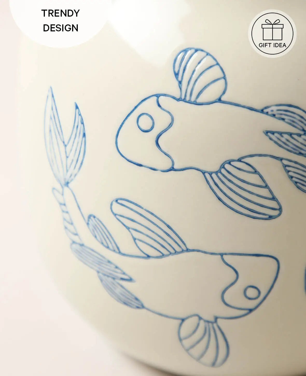 Keramikvase in Off-Weiss mit Koifisch Design, Ø 18 x H 20 cm