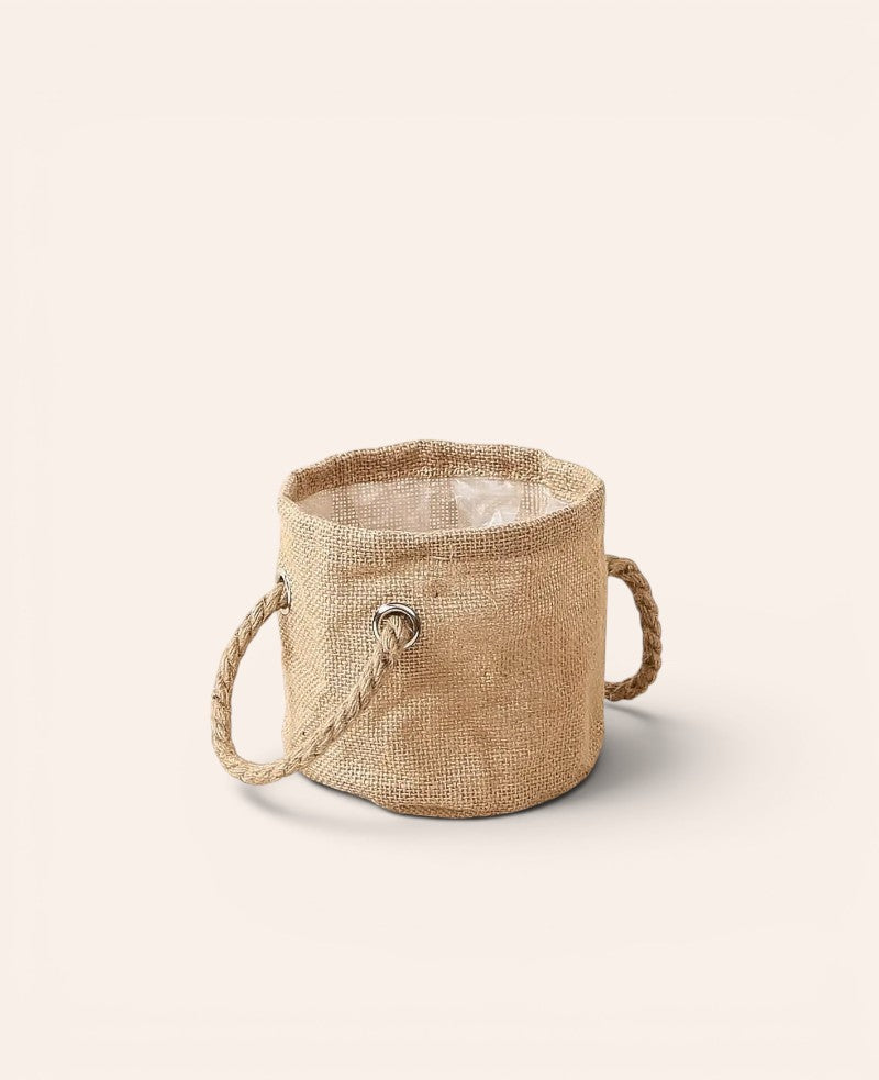 Jutekörbchen / Stoffblumentopf mit eingearbeiteter Folie und Kord Griff, Ø 13 cm x H 14 cm