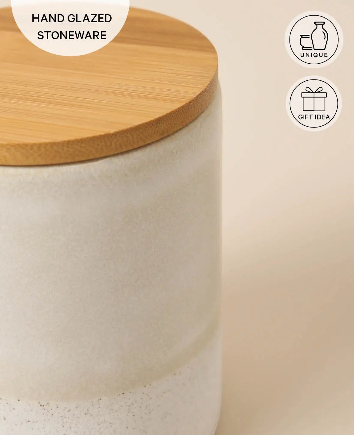 Runde Dose aus Steingut mit beiger Glasur und Bambusdeckel,750 ml, H 12.9 x Ø 10 cm