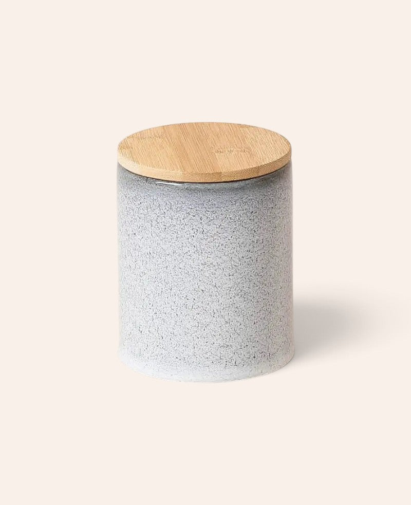 Runde Dose aus blauem Steingut mit Bambusdeckel, 10 x 13 cm, 0.75 Liter