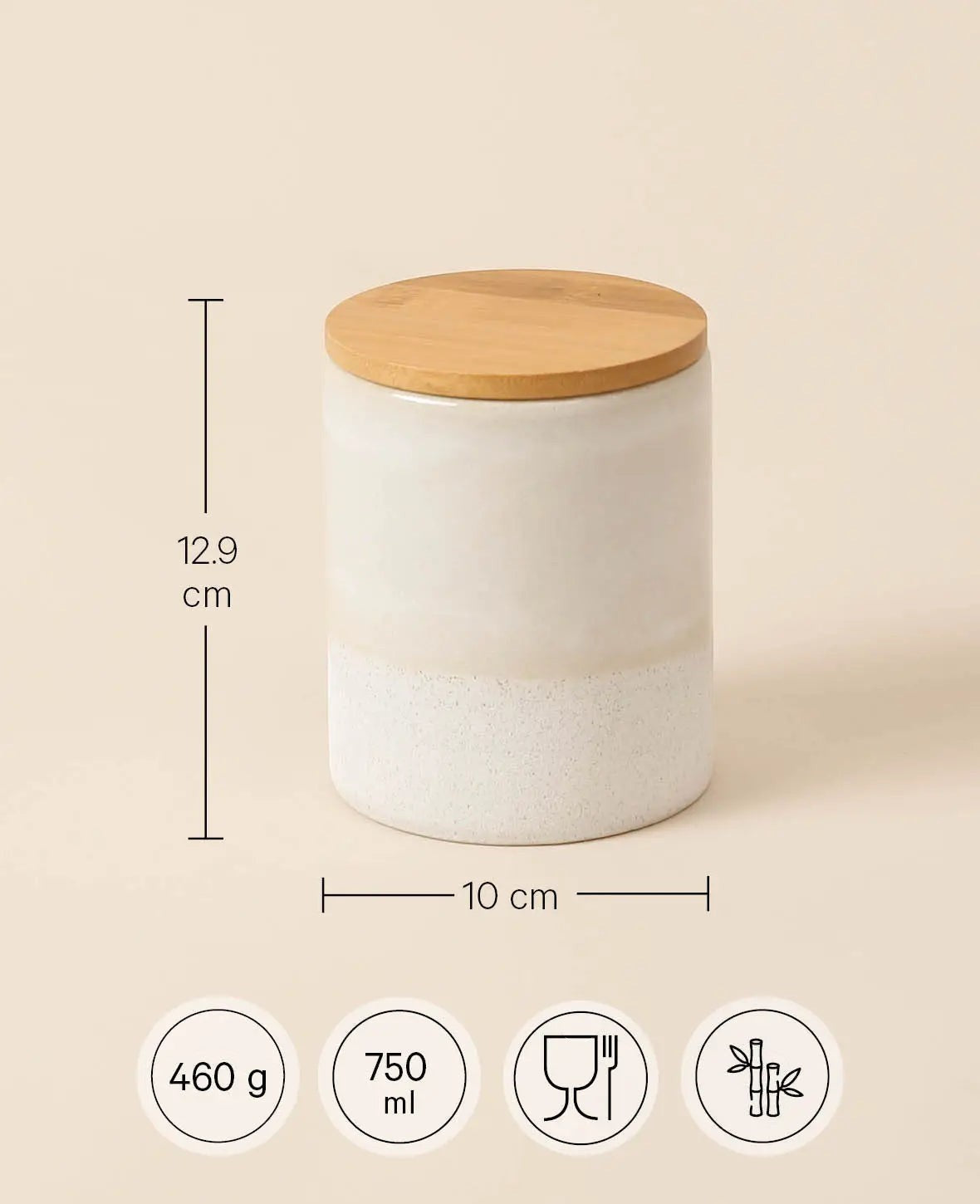 Runde Dose aus Steingut mit beiger Glasur und Bambusdeckel,750 ml, H 12.9 x Ø 10 cm