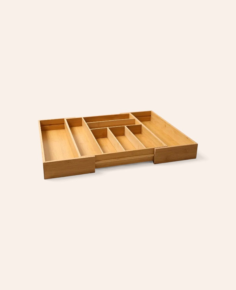Ausziehbarer Besteckkasten aus Bambus, 35 bis 57.5 x 42.5 x 6.4 cm