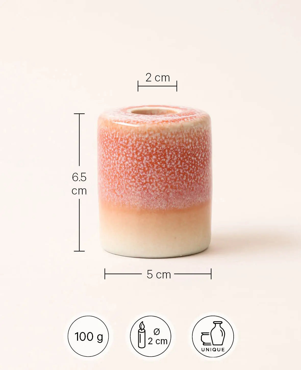 Stilvoller Keramik Kerzenständer für Stabkerzen, hellrot/rosa mit weissen Sprenkeln