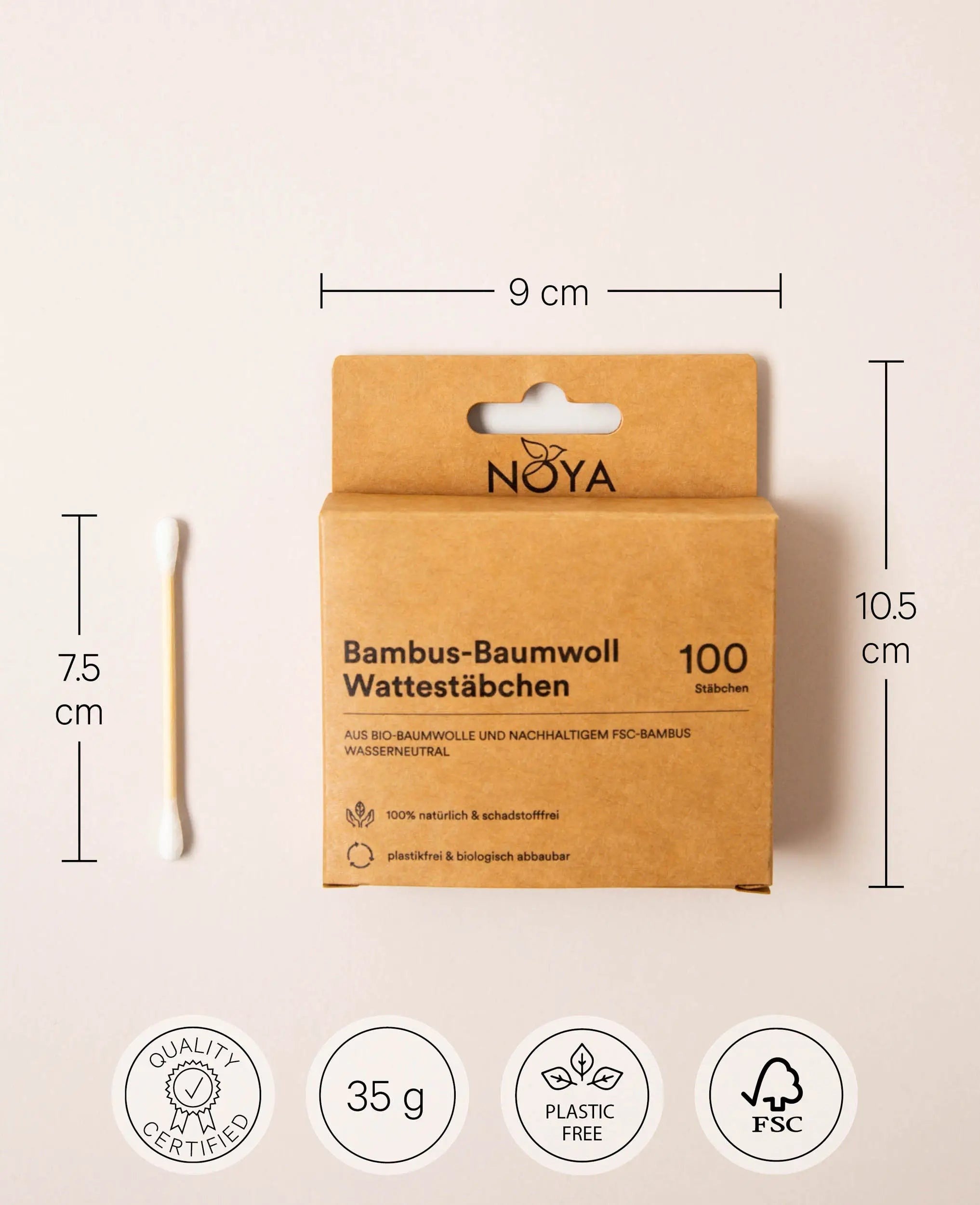 Noya Wattestäbchen, Plastikfrei und biologisch abbaubar, 100 Stk.