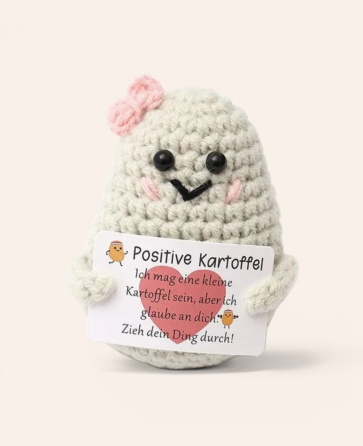 Positive Potato mit Schlaufe, Gehäkeltes Mini Plüschtier / Glücksbringer, Beige, 7.5 x 6 cm