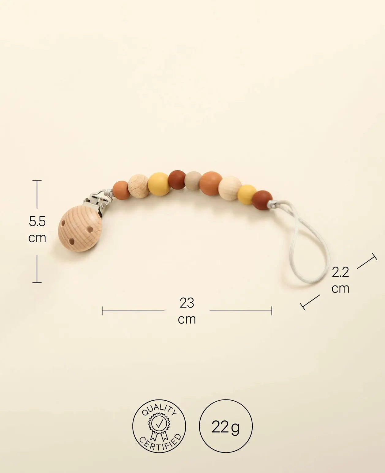 Nuggikette / Schnullerkette "Sienna" in Gelb- /Rottönen, aus Holz und Silikon, 23 cm