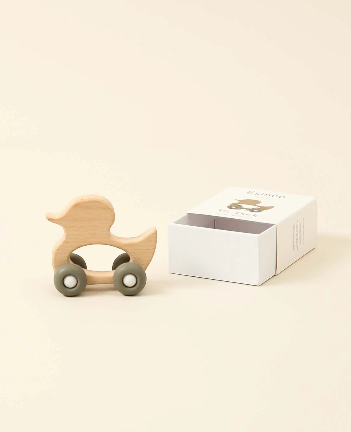Holzente Beisspielzeug auf Rädern aus Buchenholz und Silikon, 9.5 cm