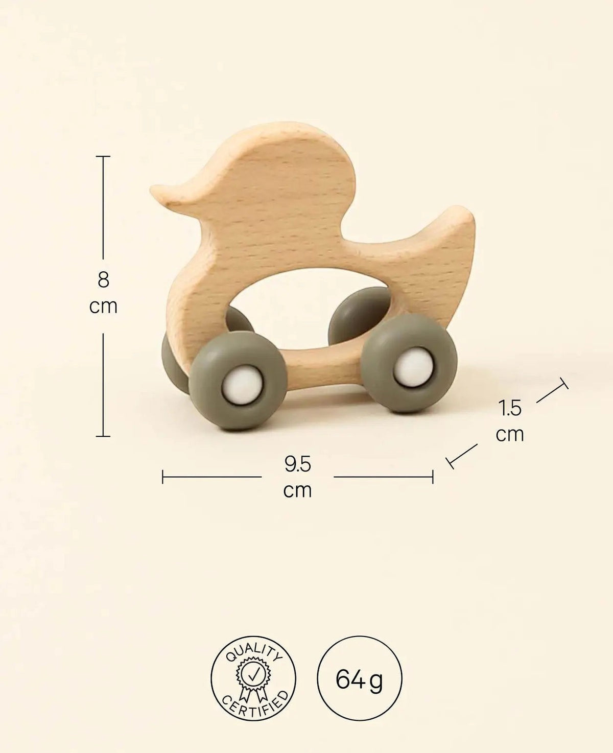 Holzente Beisspielzeug auf Rädern aus Buchenholz und Silikon, 9.5 cm
