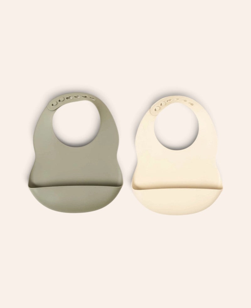 2er Pack Lätzchen aus Silikon mit Auffangschale, grössenverstellbar, grau und beige, Ø 11 cm