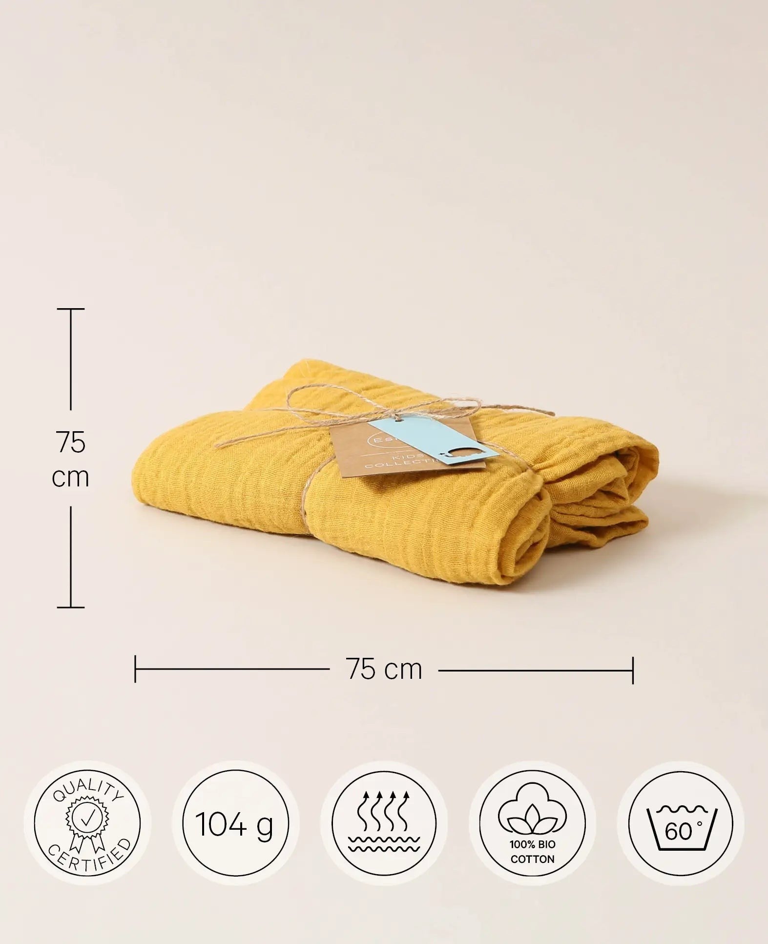Musselin Tuch / Mulltuch aus 100% Bio Baumwolle als Nuscheli für Babys oder als Mode- und Dekoaccessoire in Senfgelb, 75 x 75 cm
