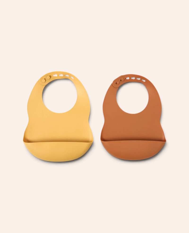 2er Pack Lätzchen aus Silikon mit Auffangschale, grössenverstellbar, gelb und rot, Ø 11 cm