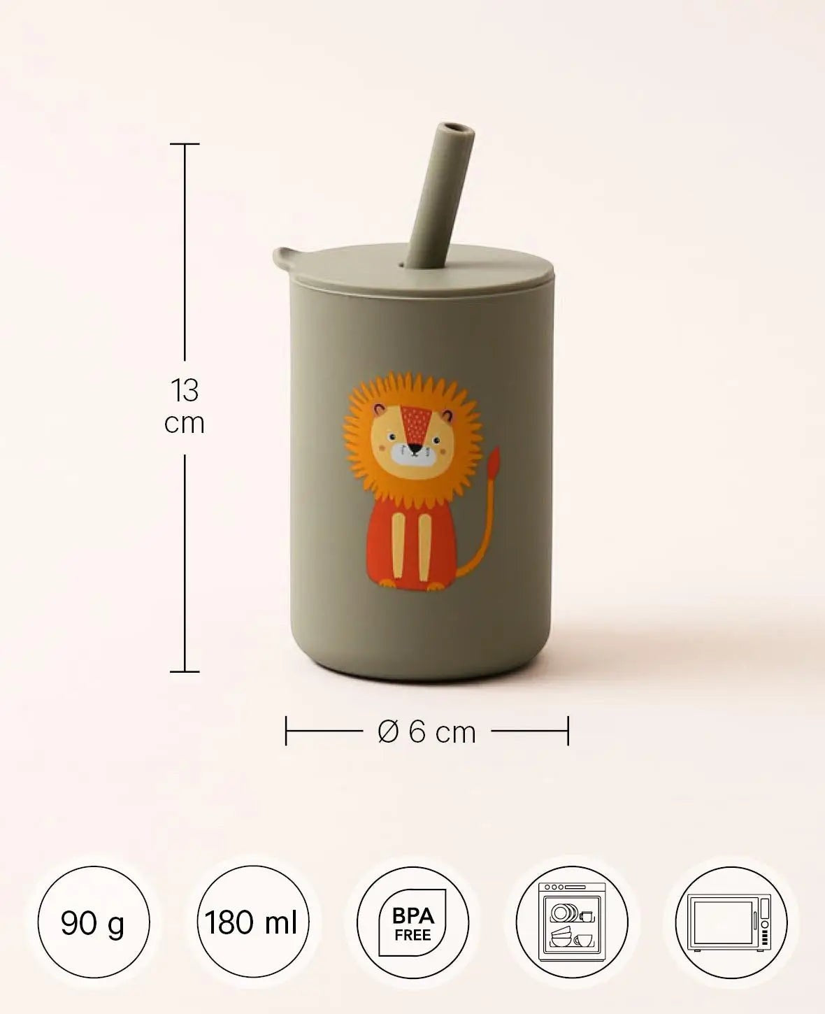 Kinder Trinkbecher "The Mini Sippi" mit Strohhalm und Löwen Aufdruck, aus Silikon in Khaki, 180 ml