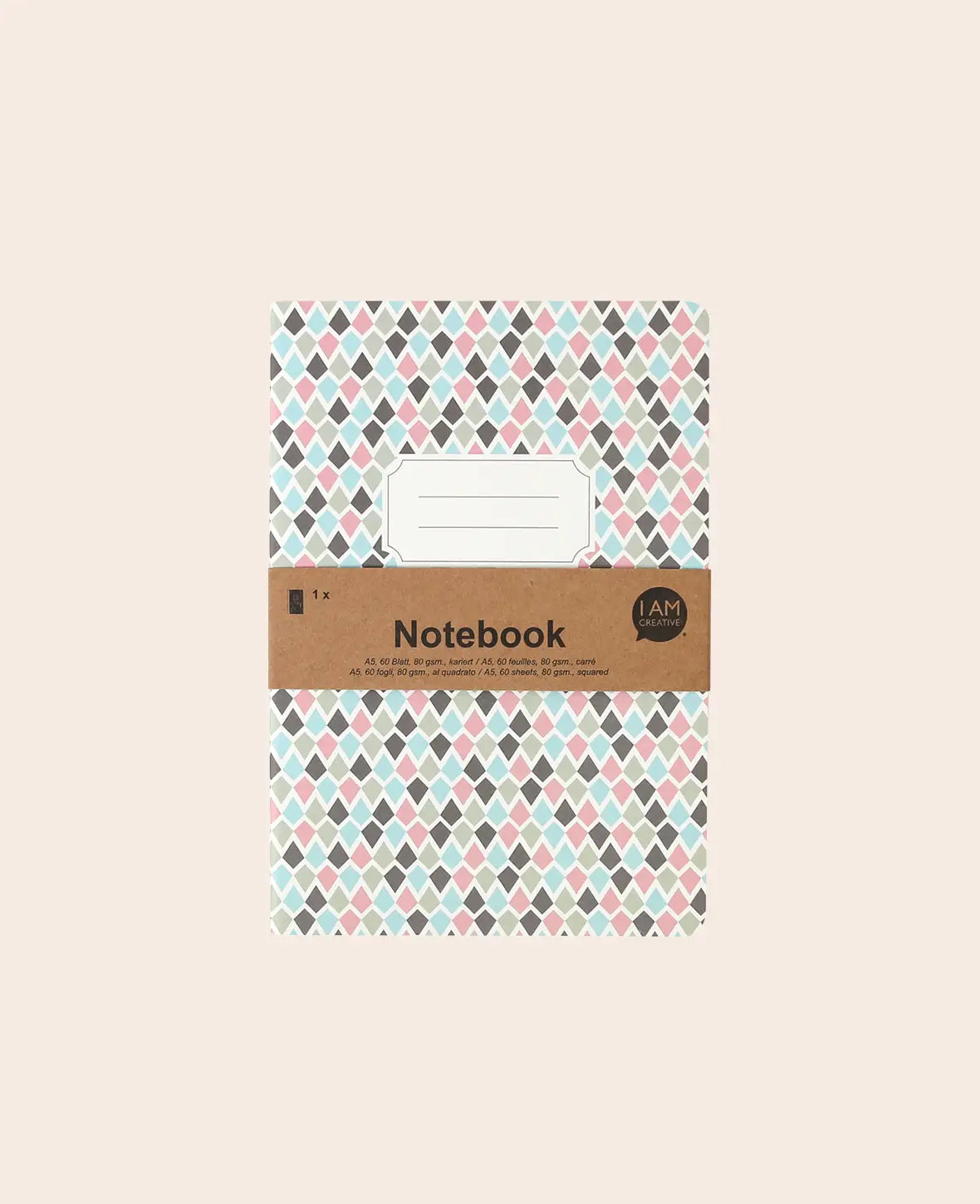 Notebook A5, Notizheft mit karierten Blättern in edel gemusterten Karo Design mit Etikett, Bunt, 80 g, 148 x 210 mm, 60 Blatt