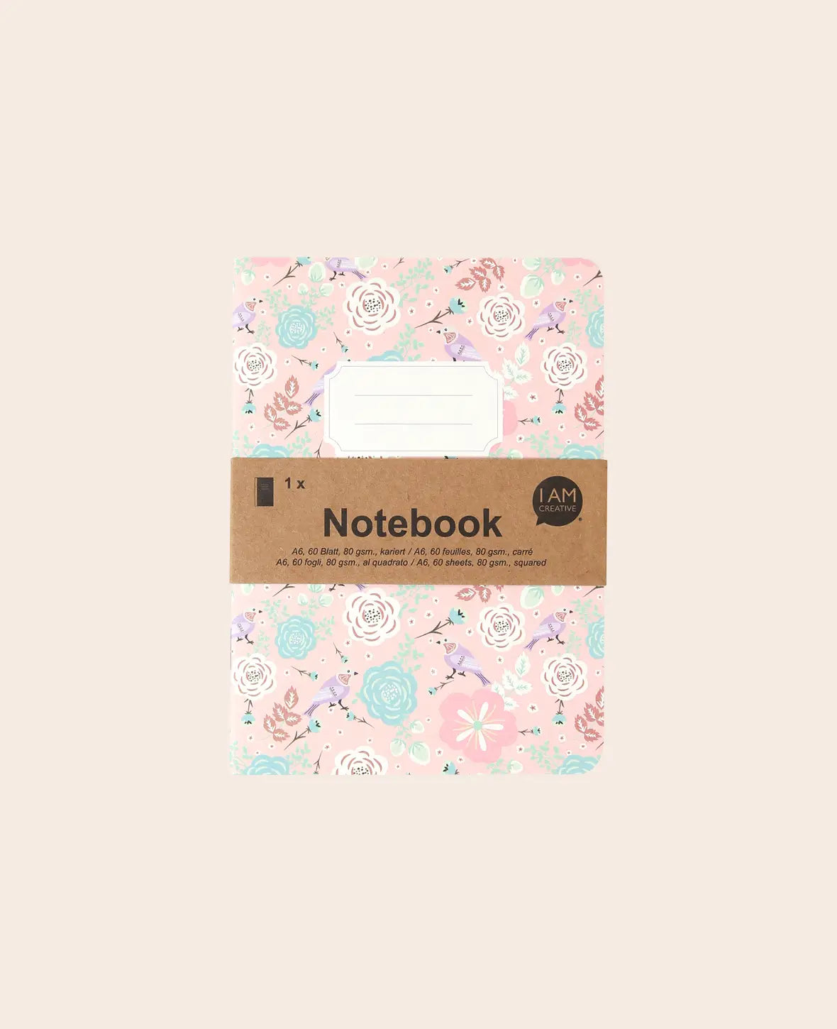 Notebook A6, Notizheft mit karierten Blättern in schickem Vogel und Blumen gemusterten Design mit Etikett, Hellblau, 80 g, 105 x 145 mm, 60 Blatt