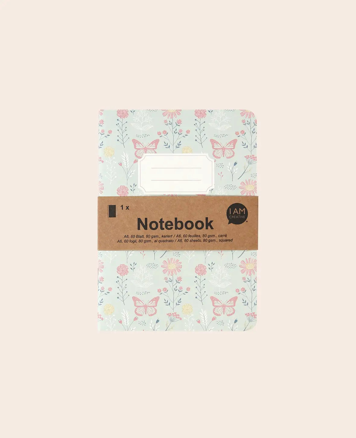 Notebook A6, Notizheft mit karierten Blättern in schickem floral gemusterten Design mit Etikett, Mint Grün, 80 g, 105 x 145 mm, 60 Blatt